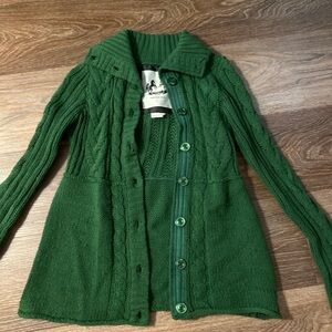 Green Cable-Knit Button-Up Women's Sweater Cardigan